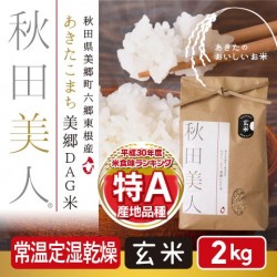 あきたこまち美郷DAG米「秋田美人」 玄米 2kg 特A 一等米 常温定湿乾燥 秋田県産  減農薬 送料無料　※